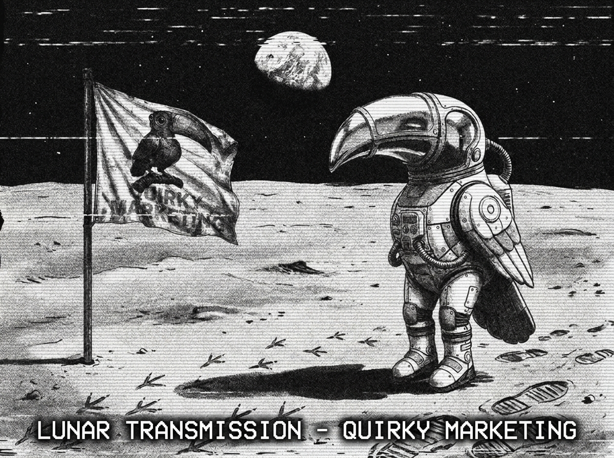 The Quirky Marketing toucan standing on the moon